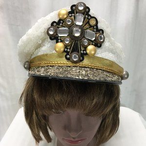 White Hooray Henri Captain Cap with Sequin & Beads